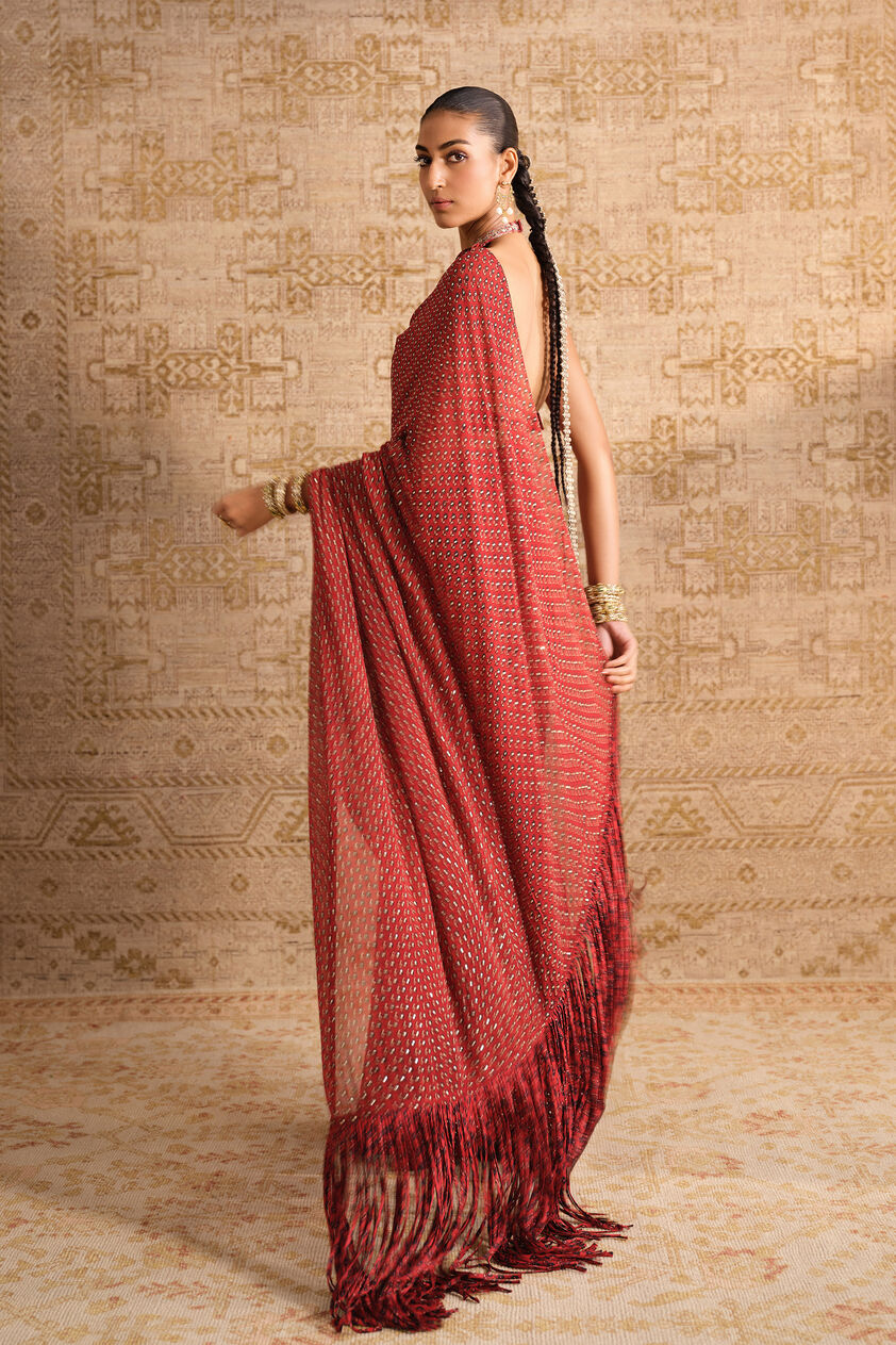 Anuka Ajrakh Hand-block Printed Fringe Pre-draped Saree - Red, Red, image 6